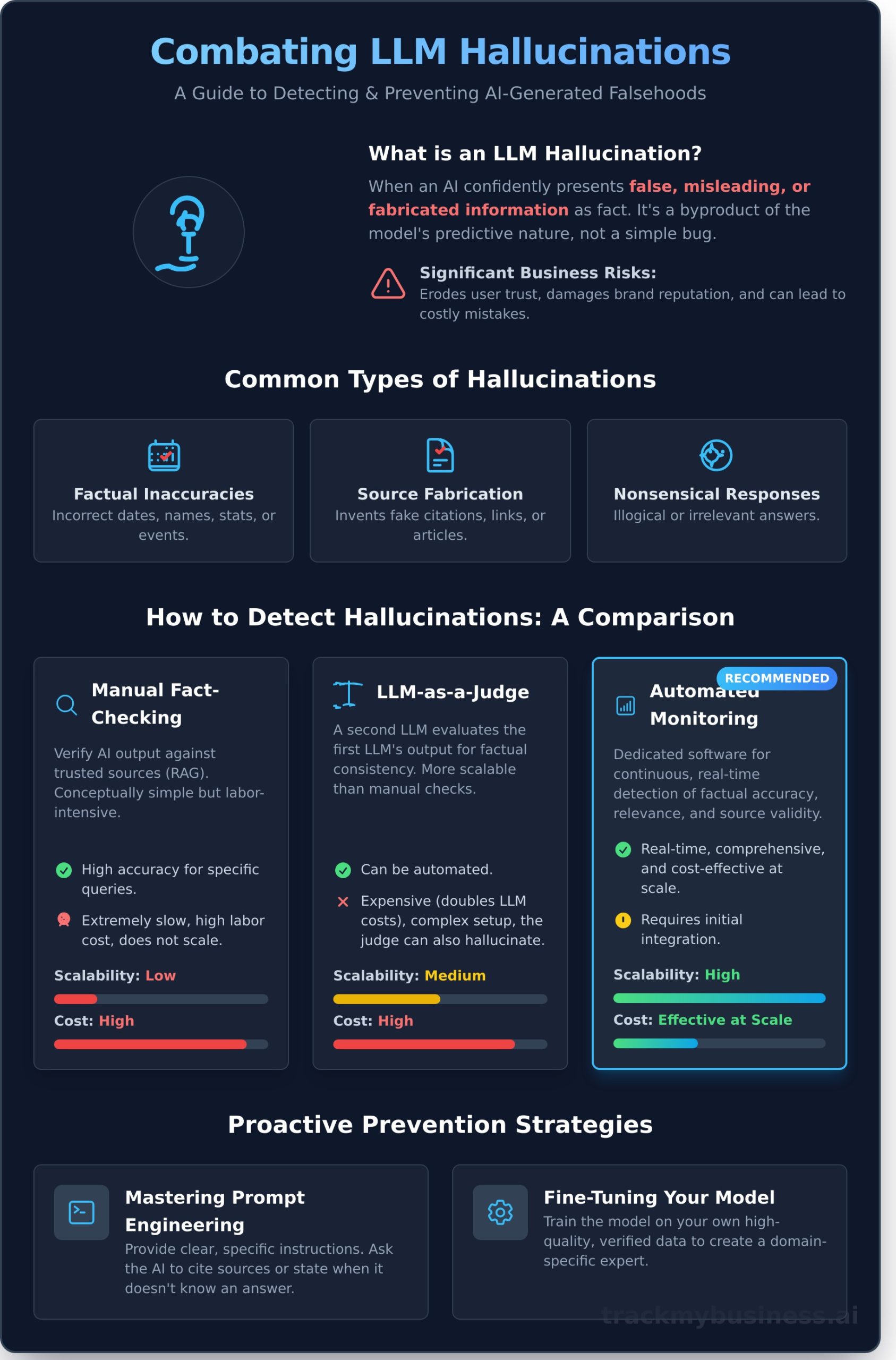 LLM Hallucination Detection: A Guide to Finding & Fixing AI Errors - Infographic
